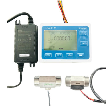 Complete kit of the Digital Water Flow Meter, including the display controller, stainless steel flow sensor, and temperature probe.